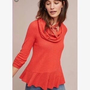 Anthropologie Maeve Top Womens L Orange Waffle Knit Peplum Winterscape Cowl Neck